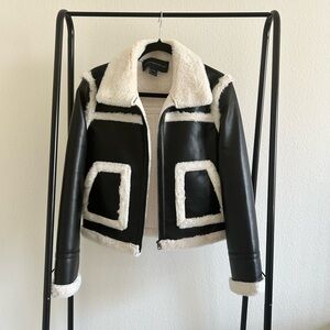 French Connection Faux Shearling Aviator Jacket Black Cream Size US 6